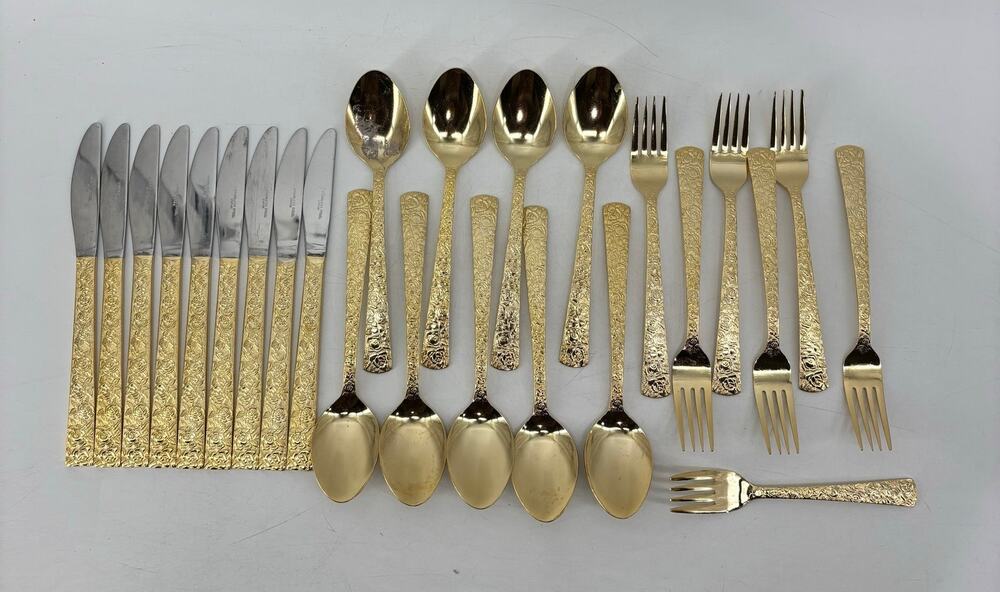 Vtg Hollywood Regency Dinner Spoons Fork Gold Stainless Steel 25 Pieces Japan